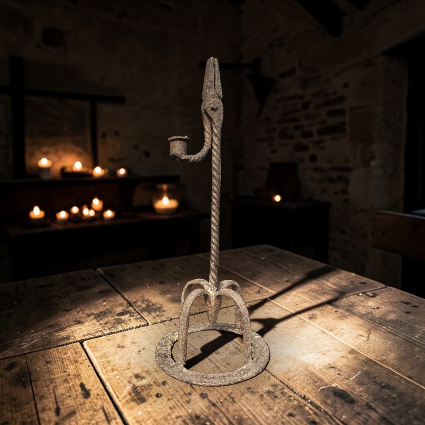 Late 17th-century Irish Antique Iron Rushlight, Supported on a Crown Base