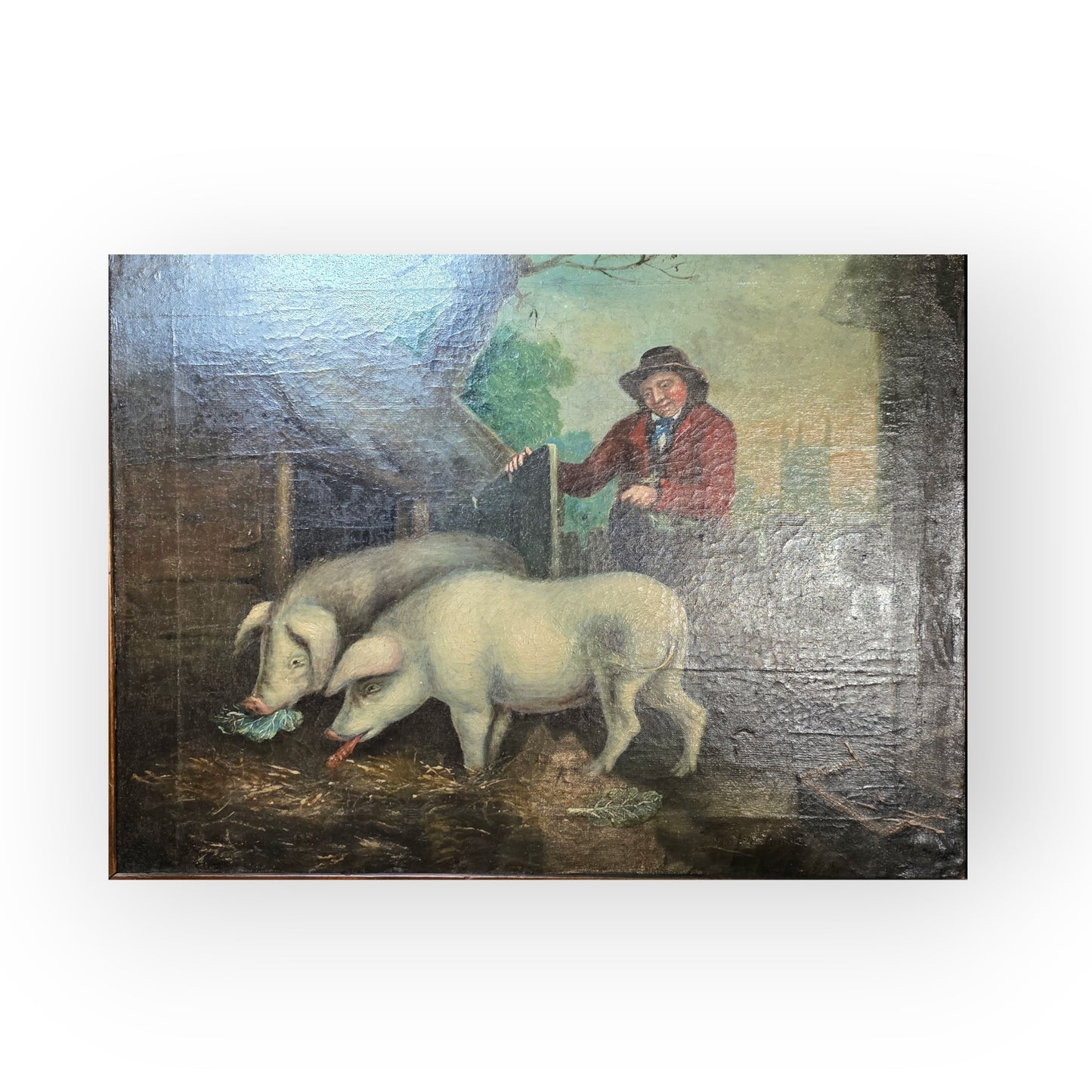 Follower of George Morland (1763-1804) - An Early 19th Century Primitive English School Antique Folk Art Oil on Canvas of Pigs in a Pigsty