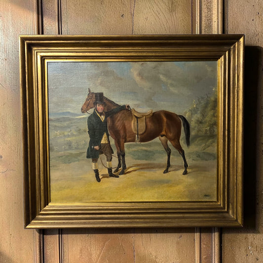 Mid 19th Century English School Antique Oil Portrait Painting of a Gentleman Farmer and His Prize Horse, Signed "H Hall"