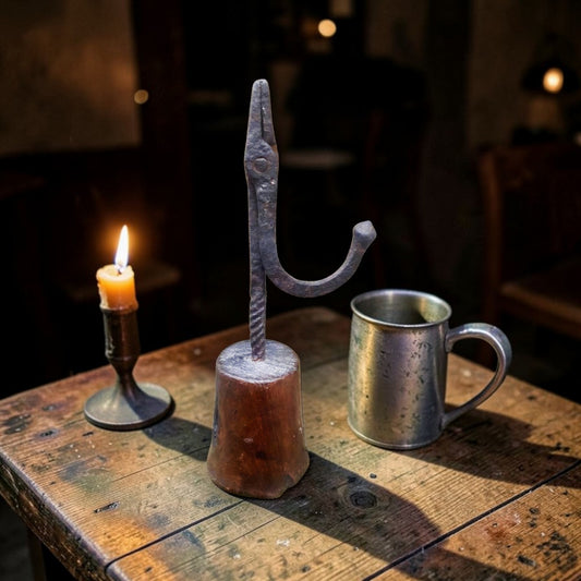 Early 18th-Century English Antique Iron Rushlight with a Wooden Base