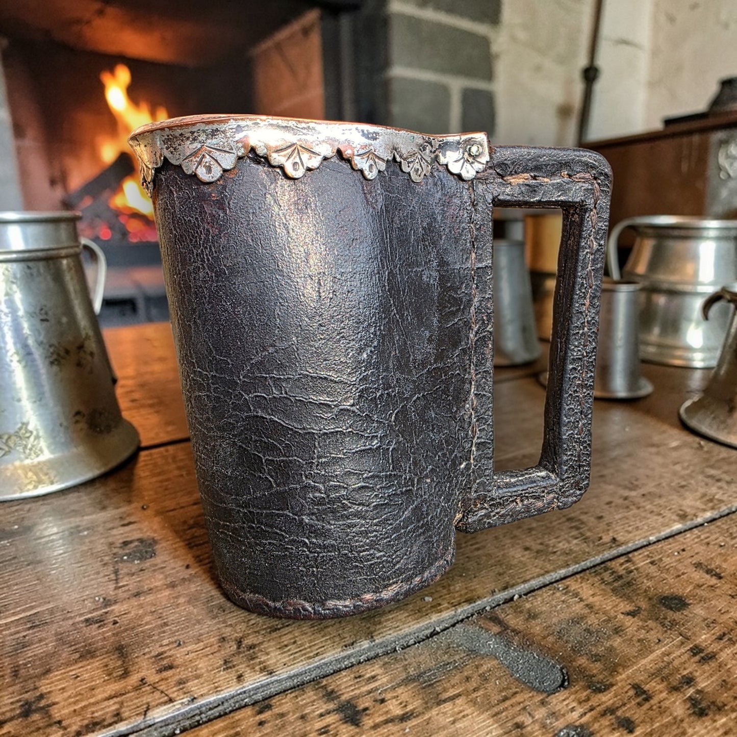 Late 17th-Century English Leather Blackjack Tankard with Silver-Plated Rim - Drinking Vessel