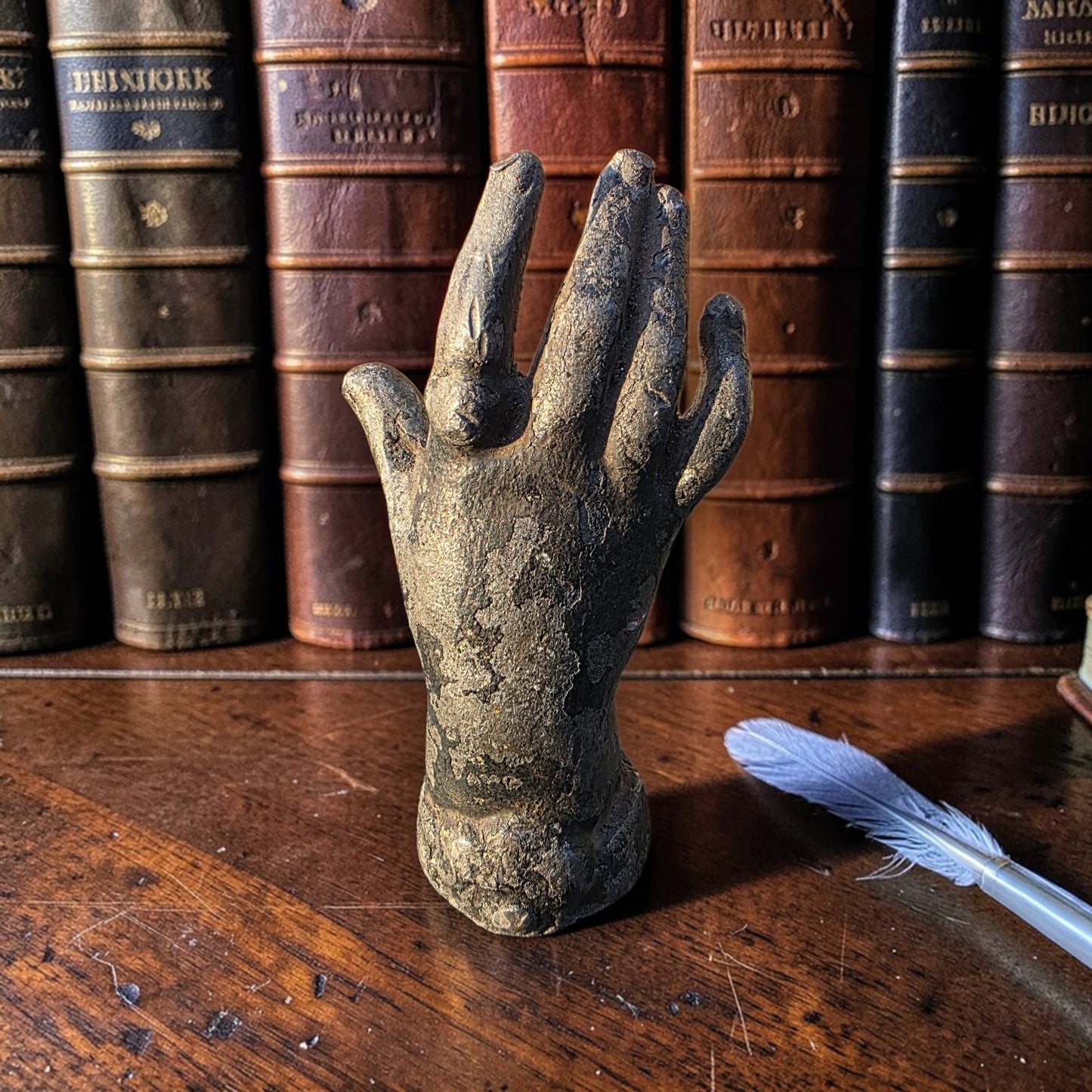 19th-Century Miniature Antique Cast Lead Votive Hand Paperweight, c.1840