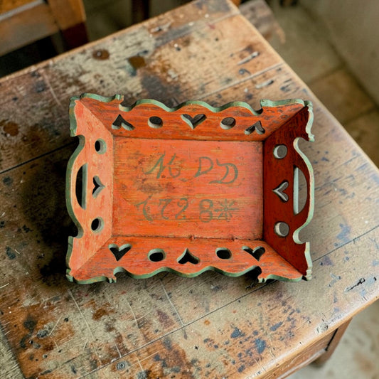 Rare Eary 18th-Century Scandinavian Antique Swaddling Tray Dated 1728 in Original Paint