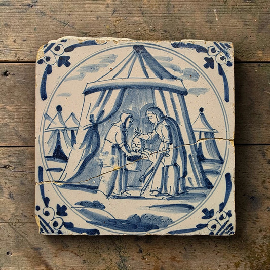 18th‑Century Antique Dutch Delft Tile Depicting Judith With the Head of Holofernes