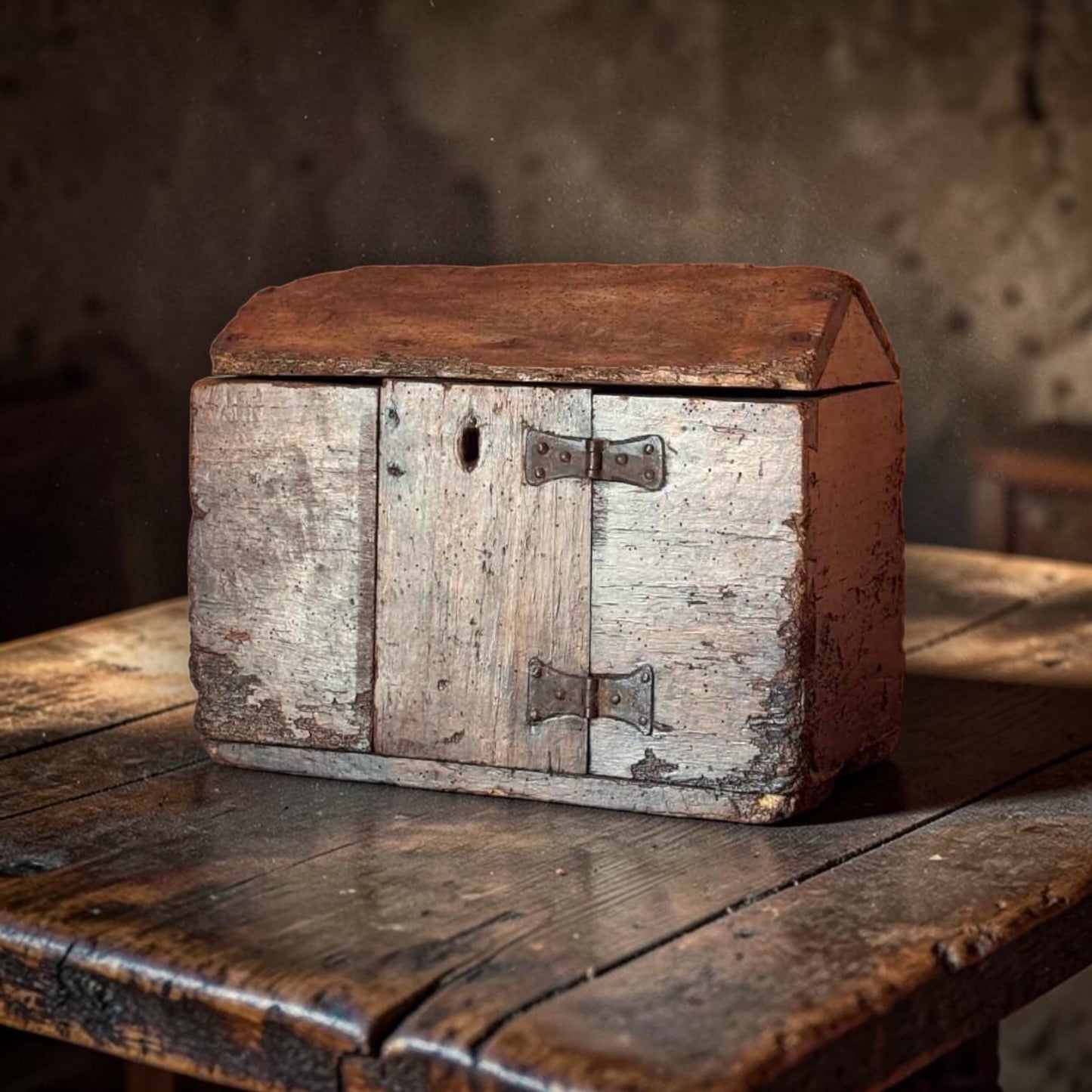 A rustic, small wooden chest with a weathered, whitewashed front and a brown wooden lid, resting on a dark wooden table in a dimly lit room.