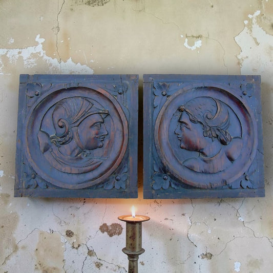 Pair of 16th-Century Antique Carved Oak Romayne Portrait Panels