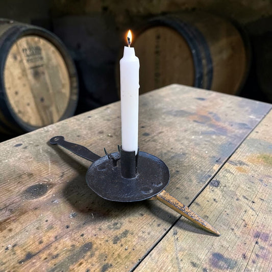 18th-Century English Antique Wrought Iron Cellar Candlestick of Rare Form with Single Candleholder and "Save-All"
