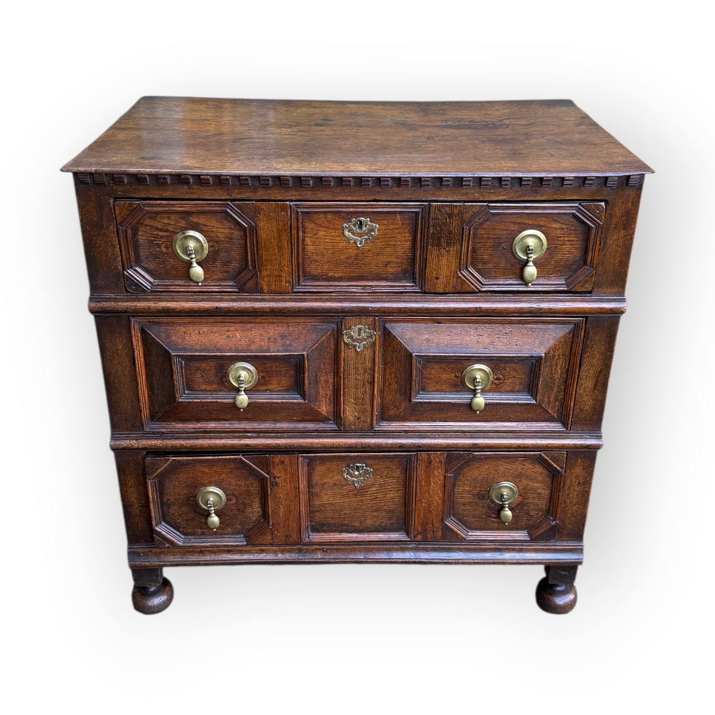 Small 17th-Century English Antique Oak Geometric Fronted Chest of Drawers