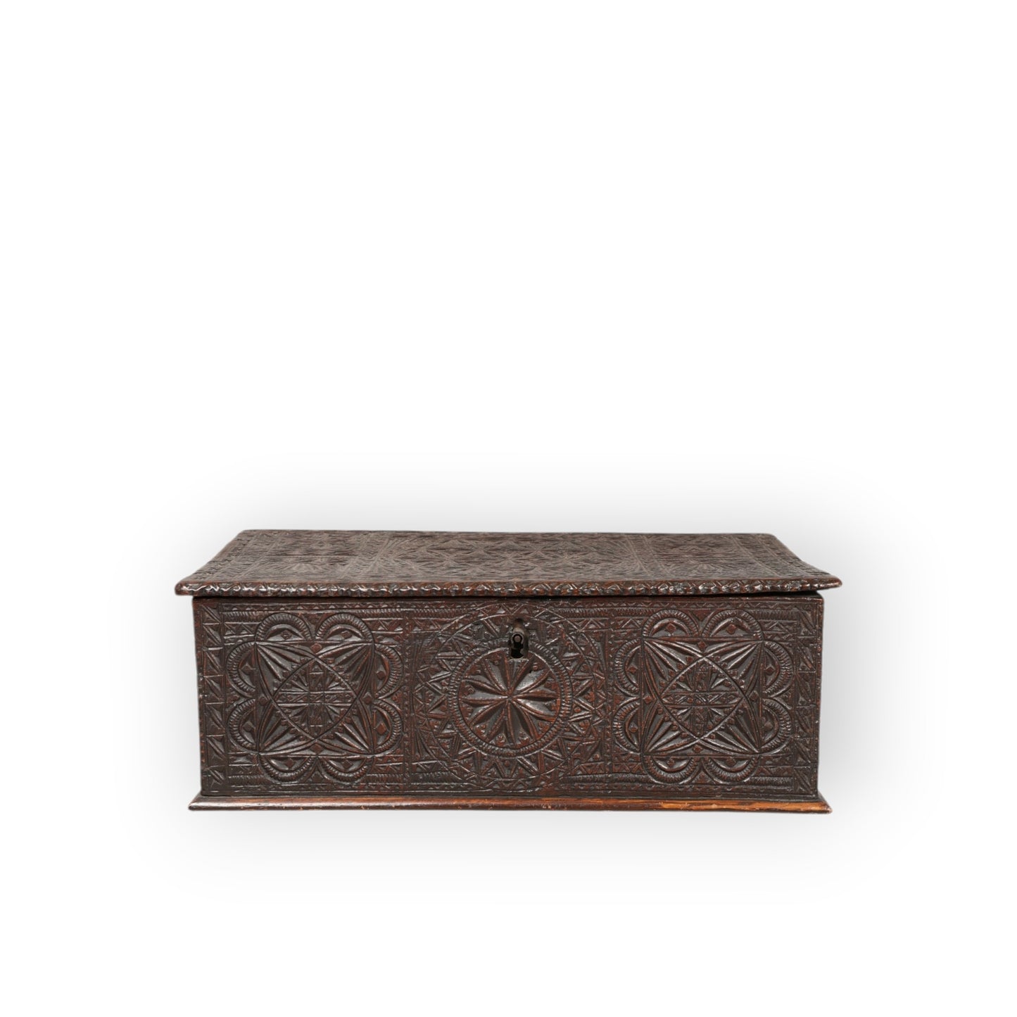 A Diminutive Early 17th-Century Chip-Carved Antique Oak Boarded Box / Bible Box