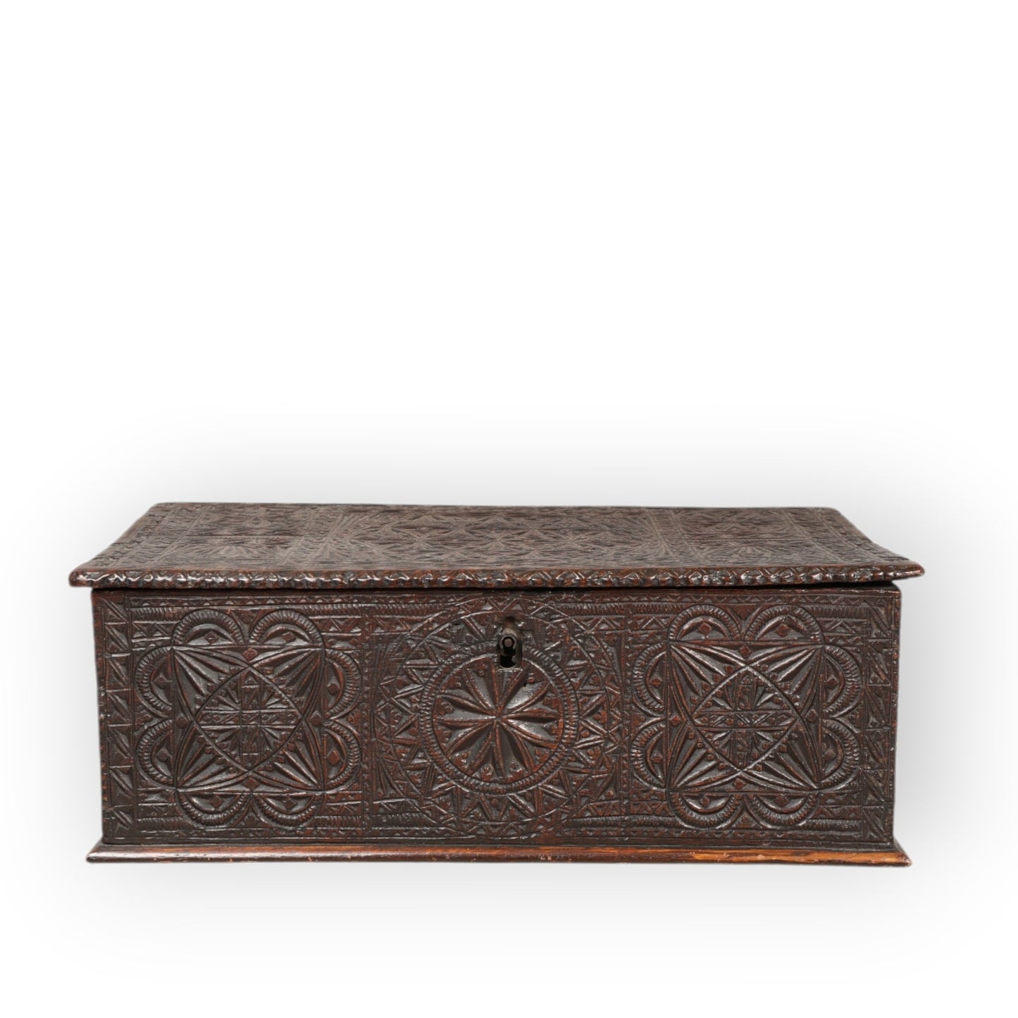 A Diminutive Early 17th-Century Chip-Carved Antique Oak Boarded Box / Bible Box