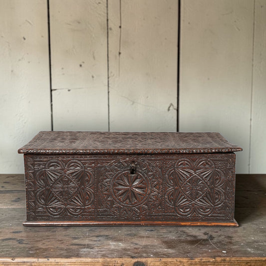 A Diminutive Early 17th-Century Chip-Carved Antique Oak Boarded Box / Bible Box