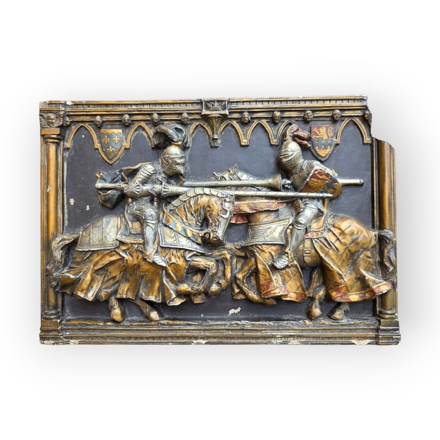 Medieval Style, English-Made Decorative Plaster Plaque Depicting Knights Jousting in Original Polychrome