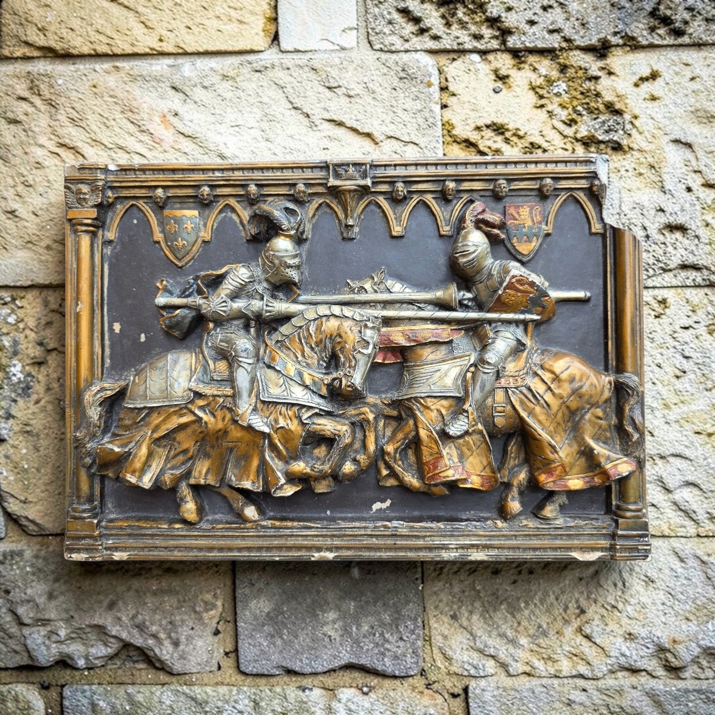 Medieval Style, English-Made Decorative Plaster Plaque Depicting Knights Jousting in Original Polychrome