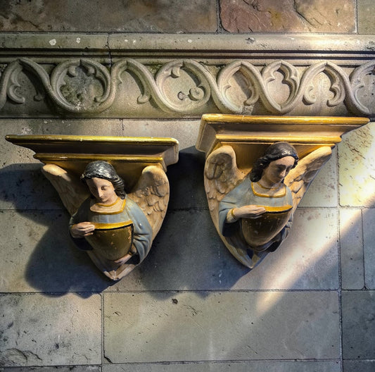 A Pair of Large 19th Century Antique Plaster Corbels Cast in the Form of Angels