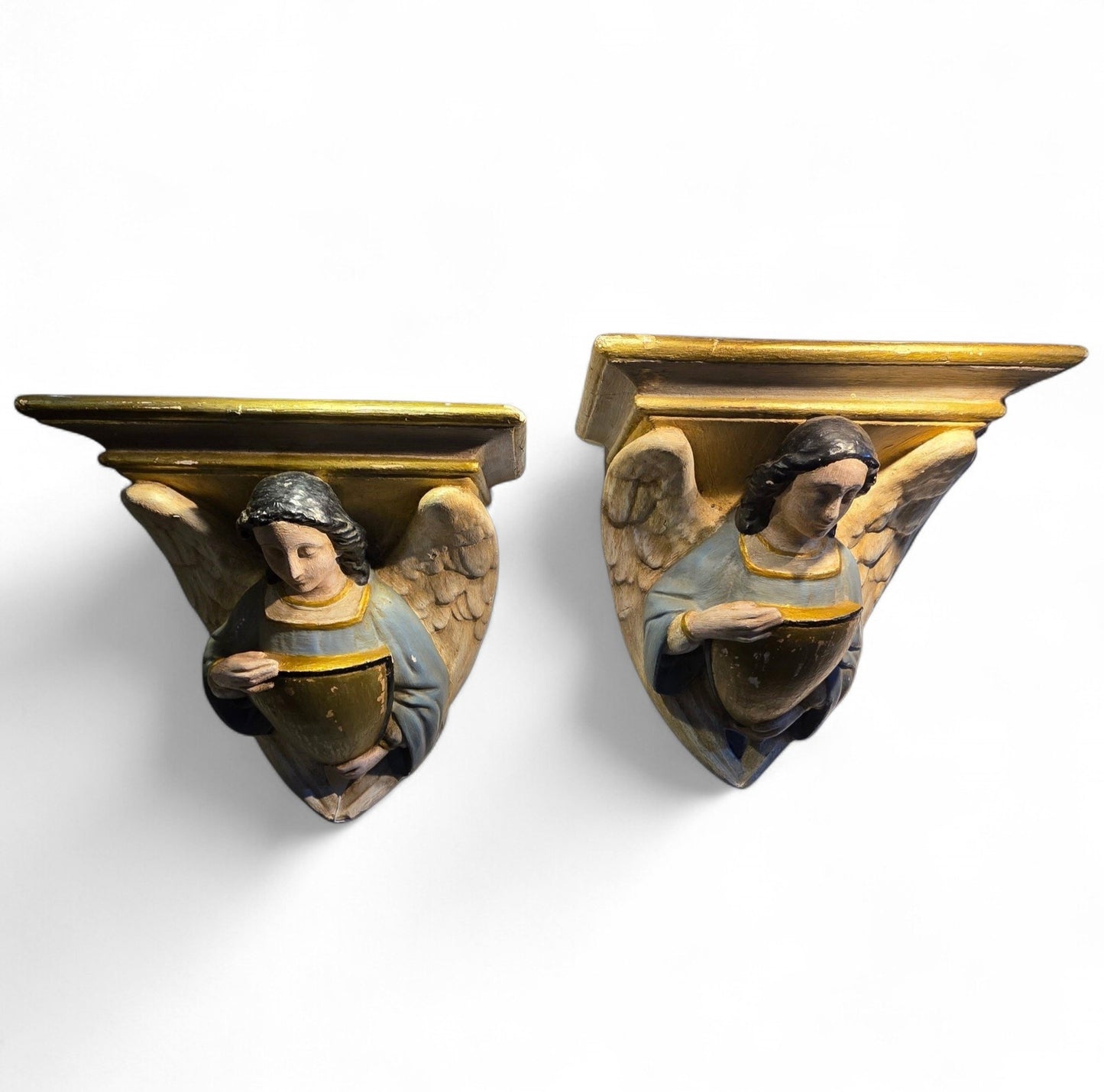 A Pair of Large 19th Century Antique Plaster Corbels Cast in the Form of Angels