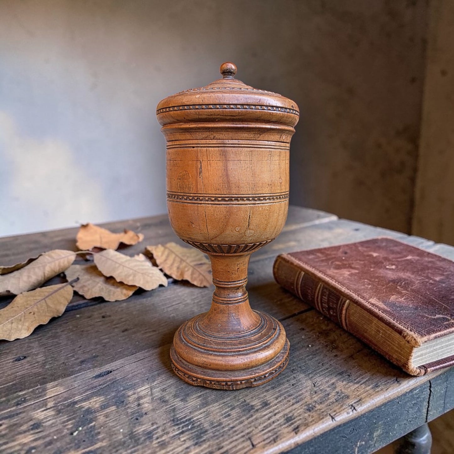 Late 18th-Century Antique Treen / Fruitwood Turned Wooden Goblet with Cover