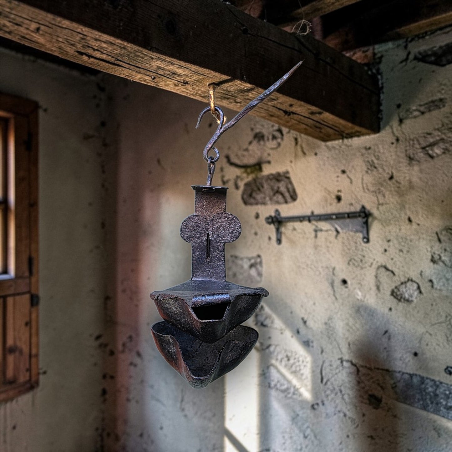 18th-Century Scottish Antique Double-Valve "Rams Head" Wrought Iron Cruisie Lamp & Halberd Hook 1 of 3