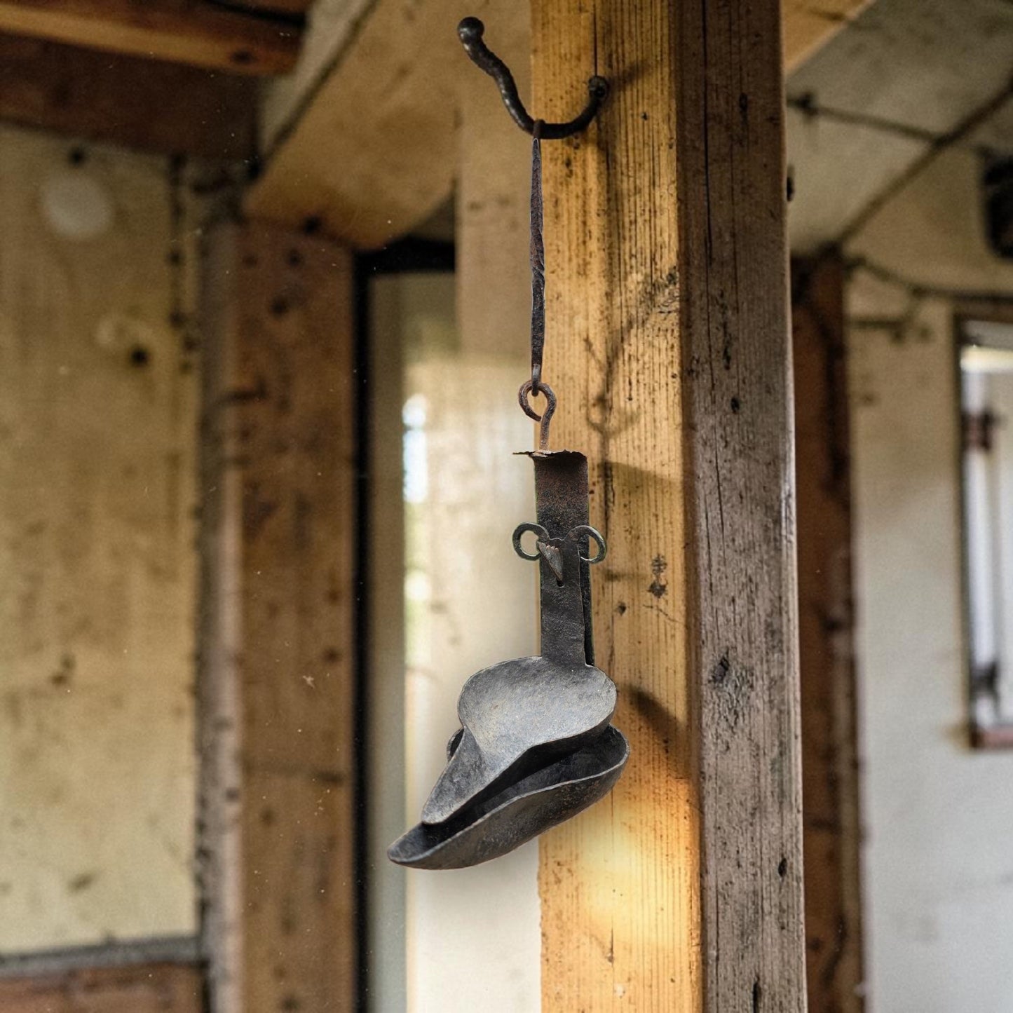 18th-Century Scottish Antique Double-Valve "Rams Head" Wrought Iron Cruisie Lamp & Halberd Hook 2 of 3