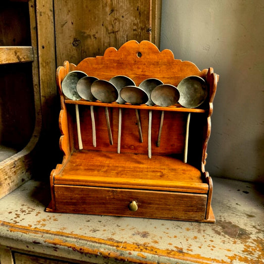 18thC-19thC English Antique Fruitwood Spoon Rack with Eight Pewter Spoons, circa 1780–1830