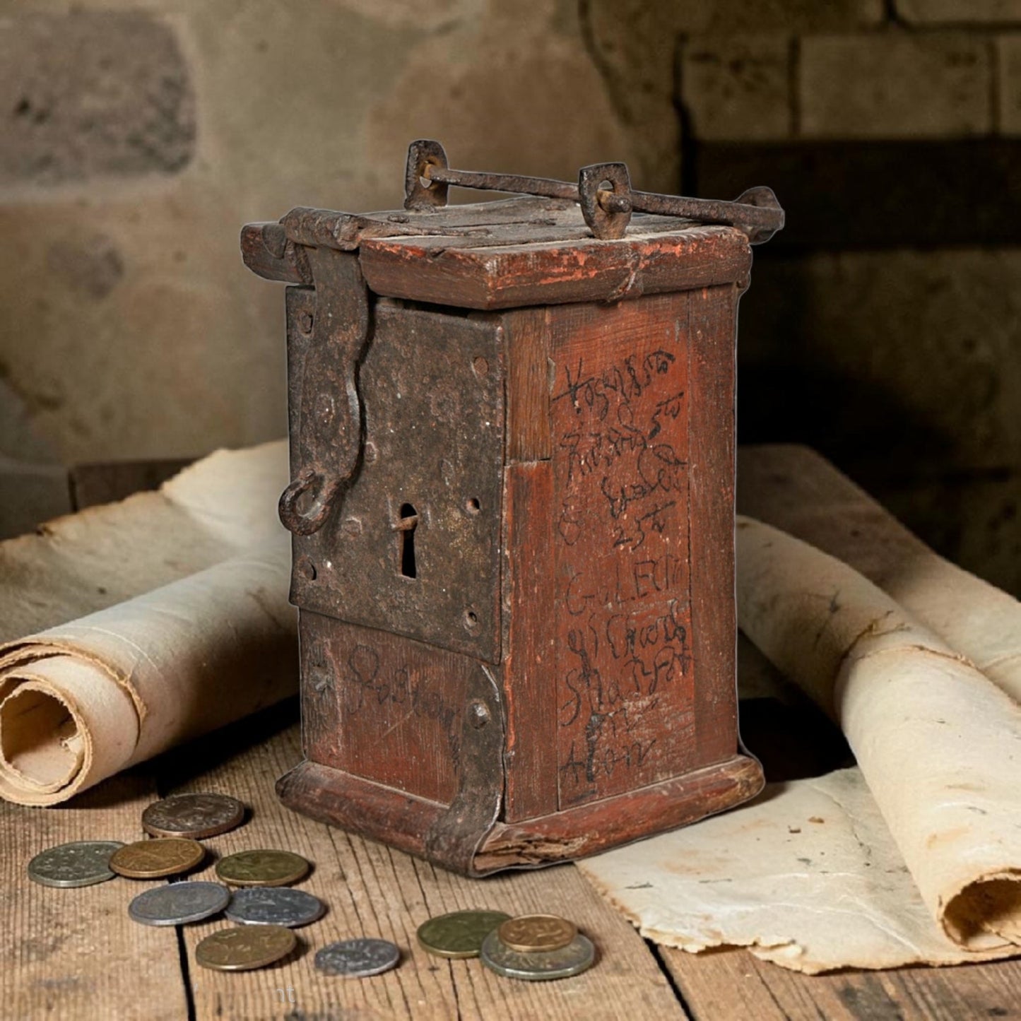 16th-Century Antique Alms Box with Period Graffiti and Provenance — circa 1550–1600