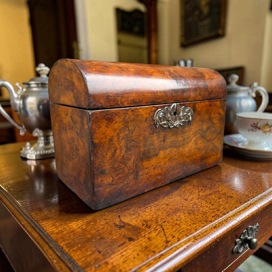 A Fine 18th Century George II Period English Antique Burr Walnut Dome-Top Tea Caddy, circa 1740–1760