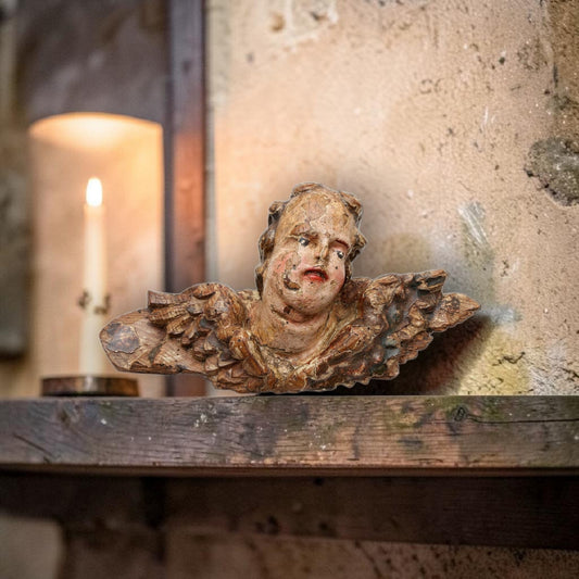 A Carved, 17th–18th Century Spanish Baroque Antique Polychrome and Parcel-Gilt Angel's Head with Wings