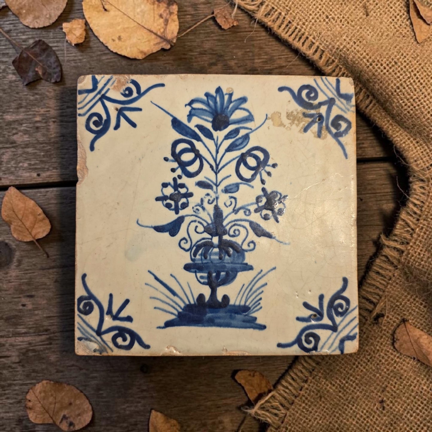 Dutch Antique Delft Tin-Glazed Tile, Vase of Flowers, c.1660–1700