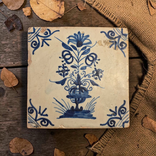 Dutch Antique Delft Tin-Glazed Tile, Vase of Flowers, c.1660–1700