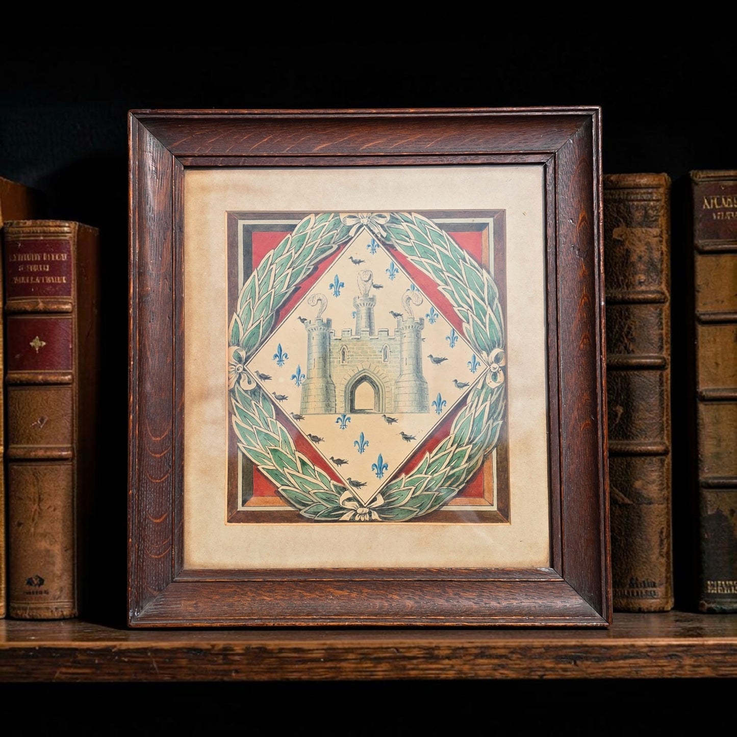 19th Century Antiquarian Heraldic Watercolour — Castle, Fleurs-de-Lis & Crows, Presented in an Oak Frame