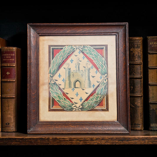 19th Century Antiquarian Heraldic Watercolour — Castle, Fleurs-de-Lis & Crows, Presented in an Oak Frame