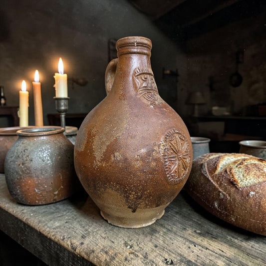 Large 17thC German Antique Bellarmine Jug, Frechen, c.1650–1670 — With Apotropaic Witch Mark
