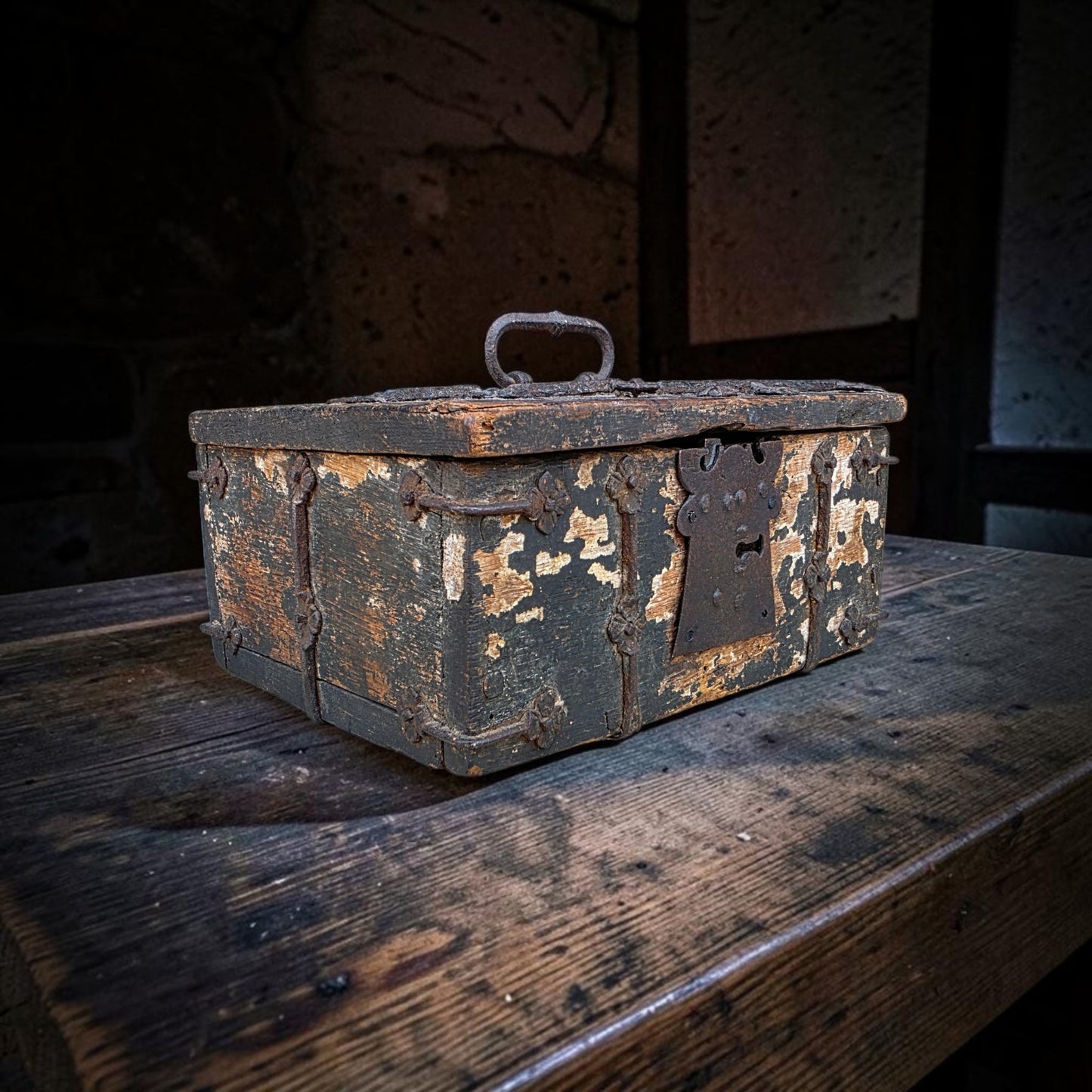A Time-Worn Diminutive 16th/Early 17th Century Antique Iron-Bound Missal Box or Coffrets de Messager with Traces of Original Paint, Probably German or French