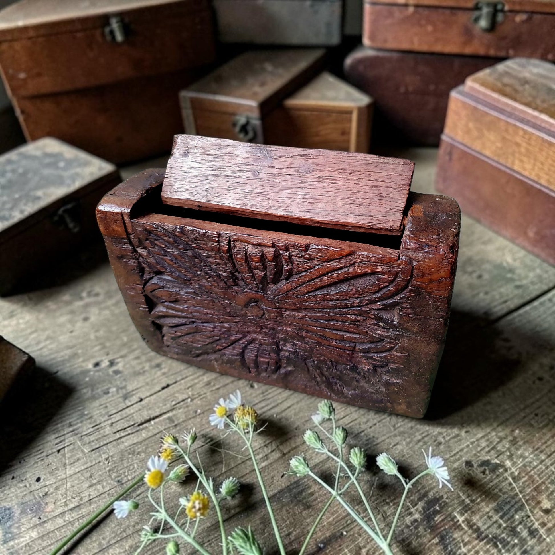 Antique Continental carved treen box with sliding lid and chip-carved rosette decoration, among other small boxes
