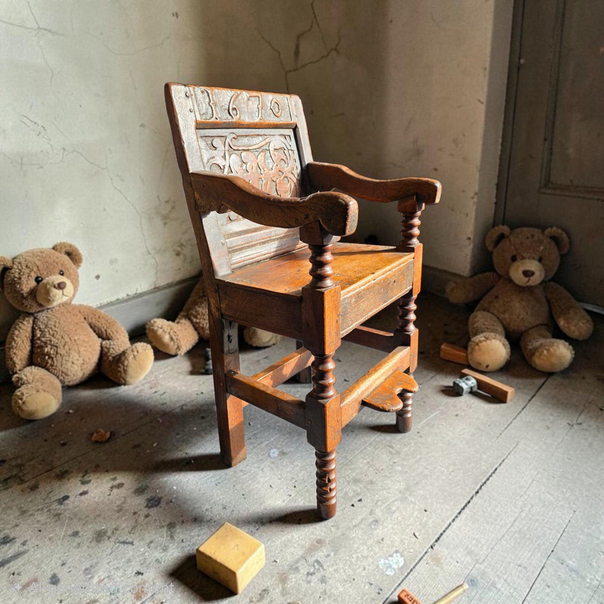 17th Century and Later Antique Oak Child’s High Chair, the Carved Back Dated "1670"