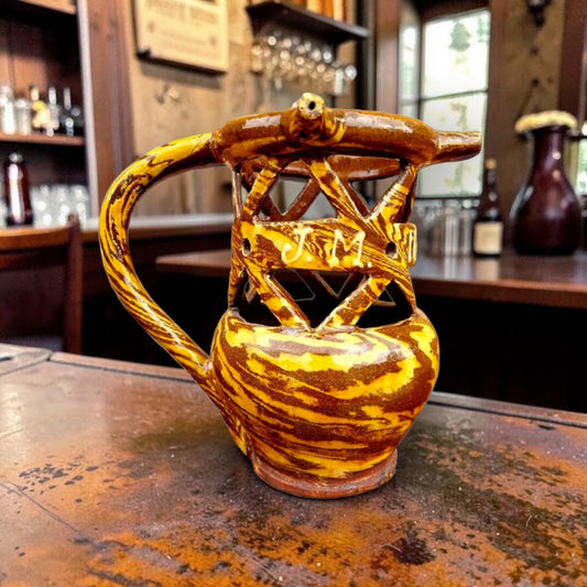 Late 19th Century English Antique Halifax Agateware Slipware Puzzle Jug, Initialled and Dated 1889