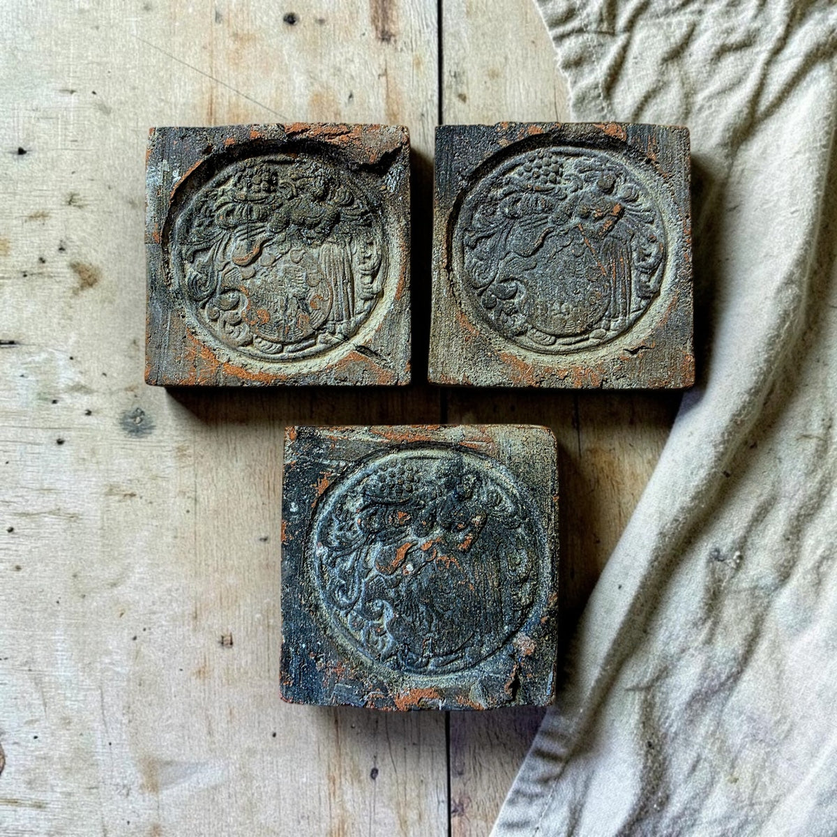 Set of Three English Late 14th Century Medieval Antique Heraldic Relief Floor Tiles, Bawsey, Norfolk, c.1375–1400