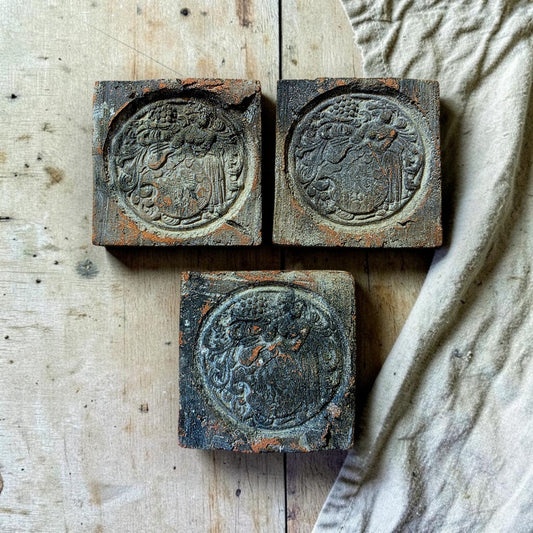Set of Three English Late 14th Century Medieval Antique Heraldic Relief Floor Tiles, Bawsey, Norfolk, c.1375–1400