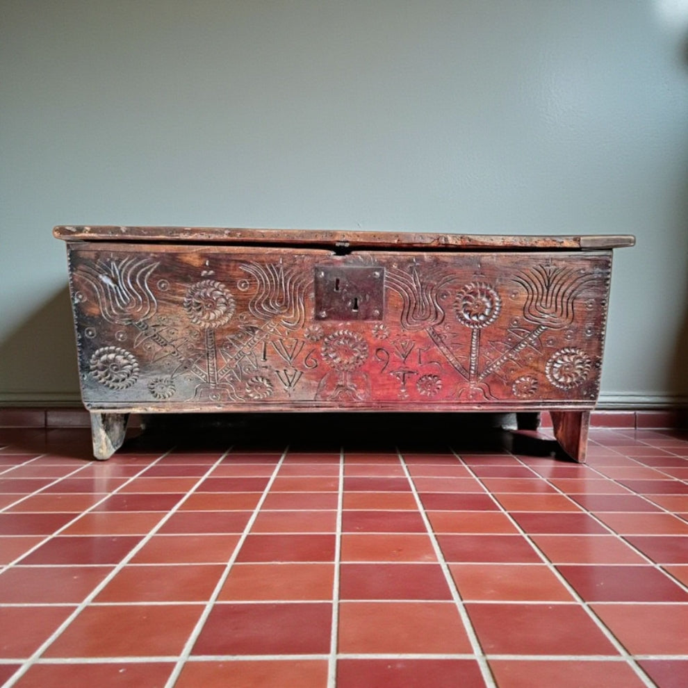 Late 17th-Century English Antique Oak Six-Plank Boarded Chest Dated "1695"