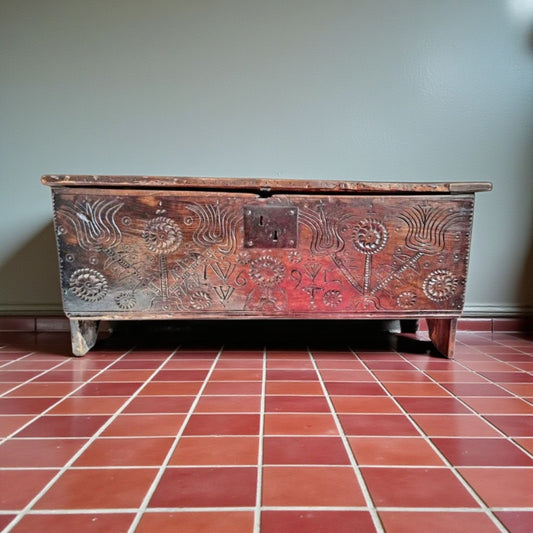 Late 17th-Century English Antique Oak Six-Plank Boarded Chest Dated "1695"