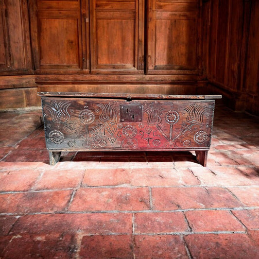 Late 17th-Century English Antique Oak Six-Plank Boarded Chest Dated "1695"