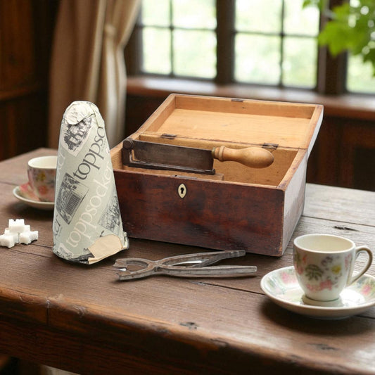Early 19th-Century Antique Treen Sugar Caddy / Box With Associated Antique Steel Sugar Nips & Sugar Cone