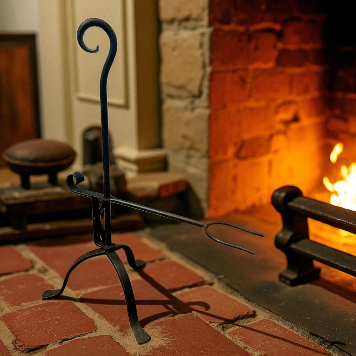 19th-Century English Antique Iron Adjustable Down-Hearth Toasting Fork / Lark Spit