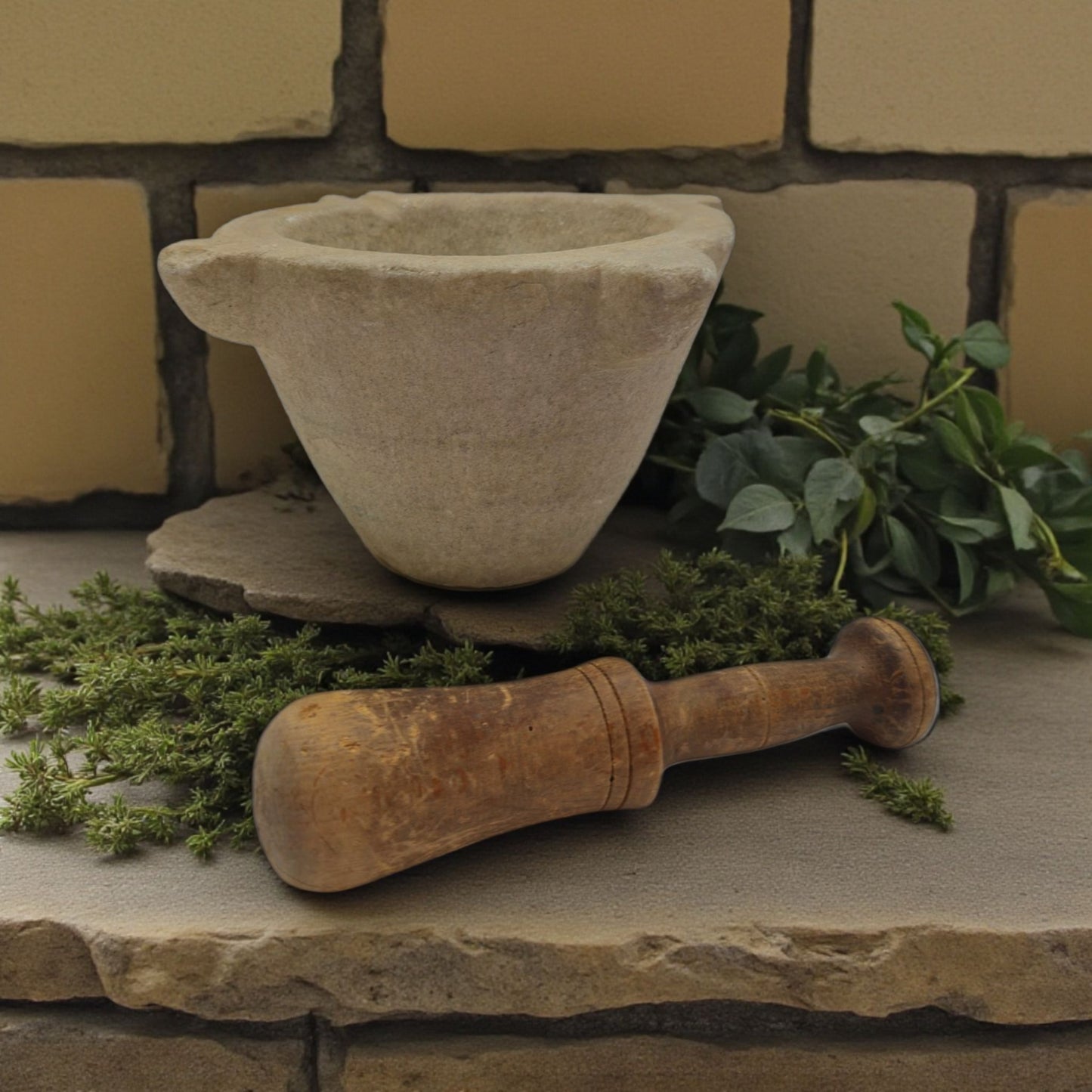 Early 17th-Century Antique Limestone Mortar & Associated Wooden Pestle