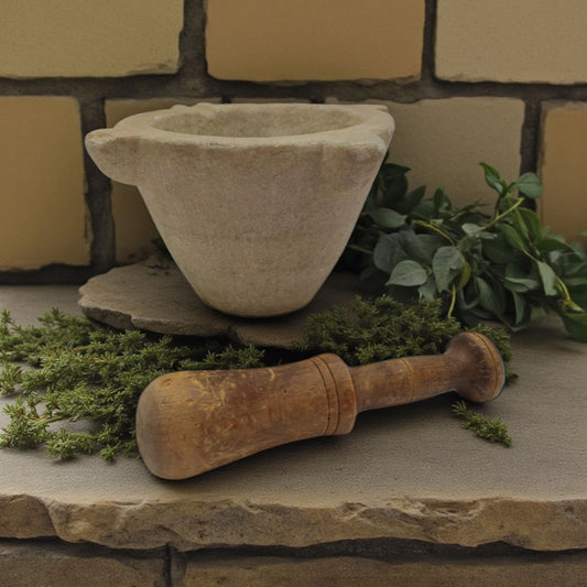 Early 17th-Century Antique Limestone Mortar & Associated Wooden Pestle