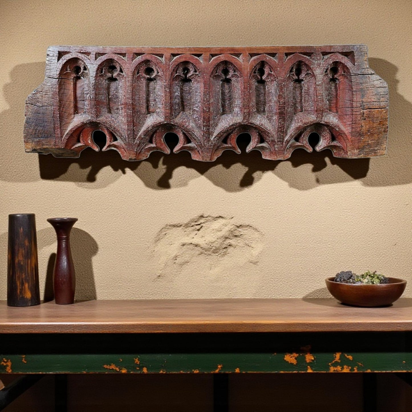 Large Early 16thC English Antique Carved Oak Blind Gothic Tracery Fragment / Tracery Head, Possibly From A Rood Screen, Circa 1500