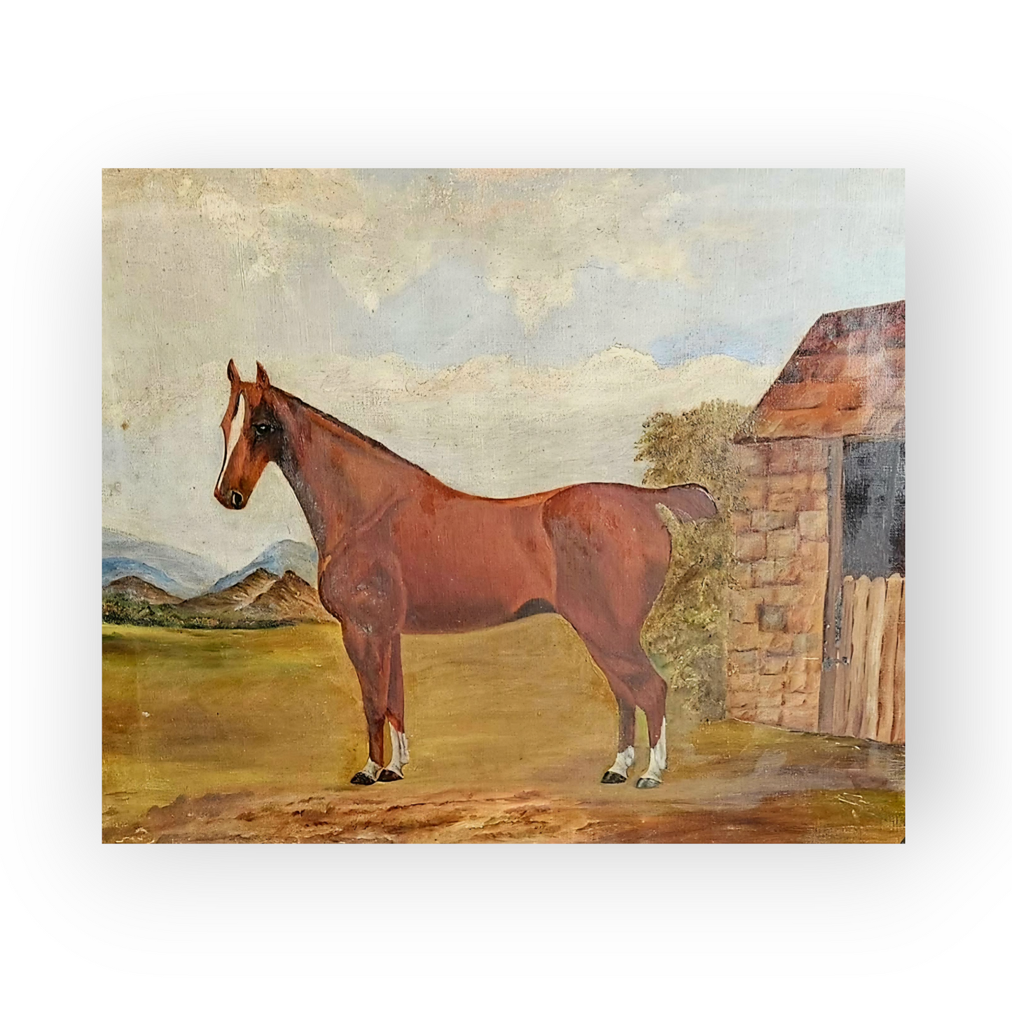 A Primitive 19th-Century English Antique Oil On Canvas Painting / Portrait Of A Bay Horse