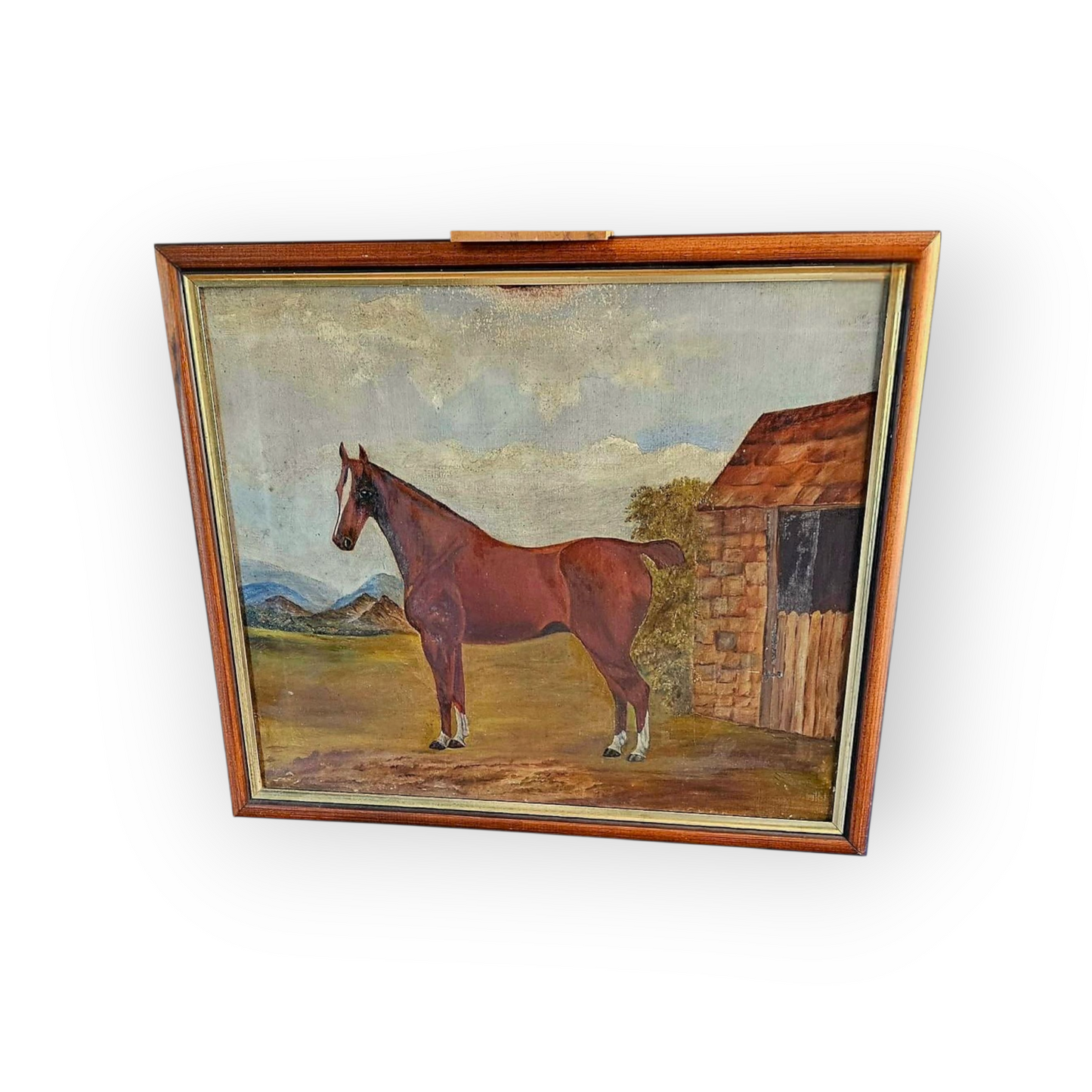 A Primitive 19th-Century English Antique Oil On Canvas Painting / Portrait Of A Bay Horse