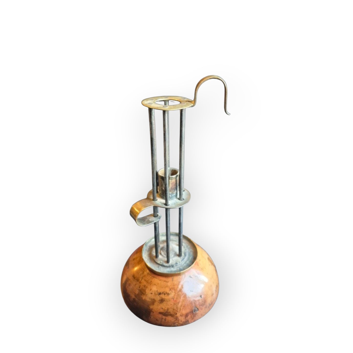 18th Century Adjustable Brass Birdcage Candleholder on Domed Pearwood Base