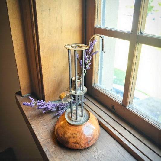 18th Century Adjustable Brass Birdcage Candleholder on Domed Pearwood Base