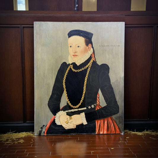 Follower of Lorenz Strauch The Elder (1554-1630/1636) - A Primitive 16th-Century Style Antique Oil on Canvas Painting Entitled "Portrait of a Lady"